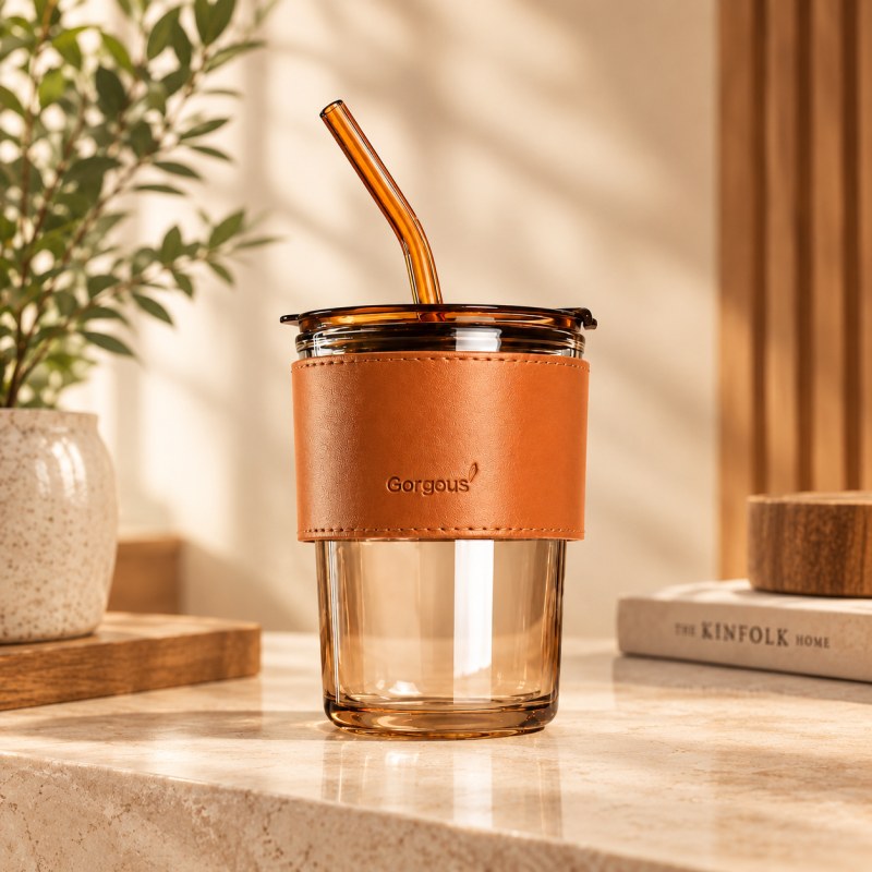 828 GLASS COFFEE MUG WITH STRAW
